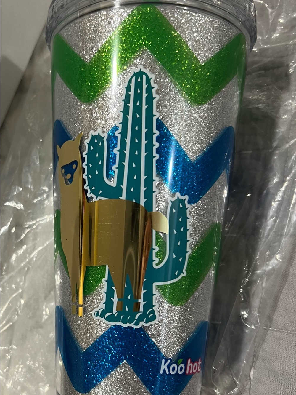 Koo hot Silver Glitter Cactus & Llama Tumbler - Blue, Green, Gold